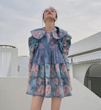 Oil Painting Vintage Blue Spring Dress 2021 Fashion Women Designer Peter Pan Collar 3/4 Sleeve Lilac Babydoll