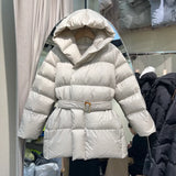 Winter Women's Down Jackets Ultra Light Warm Casual Coat Female Puffer Jacket With a Belt Plus Size Hooded Parka