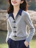 Chinese Style Gray Polo Collar Knitted Shirt Autumn Women 2025 New Small Small Small