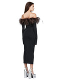 Off Shoulder Long Sleeve Feather Bandage Dress Women Black Slash Neck Strapless Bodycon Midi Dress Evening Party Club