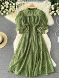 Women Lace Dress Spring Autumn Stand Collar Puff Sleeve High Waist Party Robe Female Elegant Green/Purple Midi