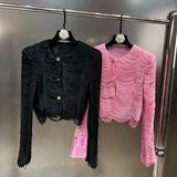 Autumn Winter New Collection Long Sleeve O Neck Mesh Tassel Pink Jacket Women Slim Coat Short Skirt Two Piece Set