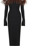 Off Shoulder Long Sleeve Feather Bandage Dress Women Black Slash Neck Strapless Bodycon Midi Dress Evening Party Club