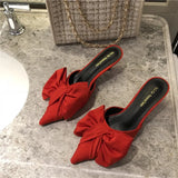 Spring Pointed Toe Stiletto Heel Kitten Heels Bow Heel-Free Slippers for