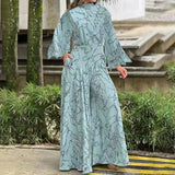 Pattern Printed Wide Leg Pants Office Overall Fashion High Waist Romper Chic New Women Long Sleeve High Collar