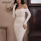 Mesh Sheer Off Shoulder Midi Party Dress Women Spring Elegant Long Sleeve Ruched Bodycon Dresses White Backless