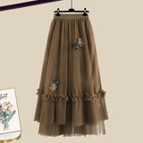 Winter Two Piece Set For Women Outfit Korean Bow Bandage Knitted Pullover Sweaters+ Flower Mesh Patchwork Skirts Sets