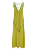V-neck Drawstring Tassel Maxi Dress Women Loose Backless Sleeveless Sling Robes 2024 Fashion Female Vacation Beach