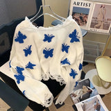 Korean Fashion Graphic Knitted Sweater Woman Harajuku Oversized Pullovers Cropped Tops Off Shoulder Casual Loose