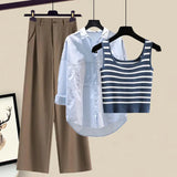 Women Pants Sets Summer Casual Striped Knitted Vest+long Sleeve Sunscreen+wide Leg Long Pant 3 Pieces Set Women Outfits