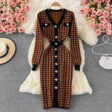 Chic Autumn Knit Dress Women Elegant V-neck Long Sleeve Plaid Pattern Buttons Decoration Skinny Midi Work Party