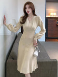 Solid Long Sleeve V-neck Elegant Dress Women Double Breasted Office Slim Knit Dress 2023 Spring Autumn Ladies