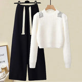 Fall Winter Knitwear Two Piece Sets For Women Outfits Ladies Elegant Diamond Sequined Knitted Sweater And Warm Pants