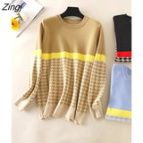 2022 Autumn Winter Sweater Women Knit Houndstooth Patchwork Jumper Long Sleeve Pullover