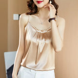 Silk Women Tops Satin Blouses for Women Beading Silk Blouse Top Woman Sleeveless Shirts Tops Fashion Woman Satin