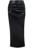 Spring Luxury Elegant Black Soft Stretchy Pu Leather Ruched Bandage Pencil Skirt Women High Waist Office Wear Women