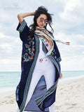 Floral Embroidered Front Open Long Kimono Cardigan Plus Size Navy Blue Tunic Women Tops and Blouses Shirts