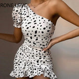 Women Elegant Fashion Sexy One Shoulder Dot Ruffles Mini Dress Bodycon Party