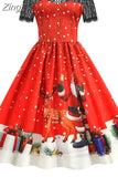 Christmas Costume Party Dress Women Short Sleeve Lace Vintage Winter Dress Robe Elegant Xmas Evening