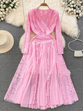Autumn Women Mesh Patchwork Lace Long Dress Vintage V-Neck A-Line Elegant Party Maxi Robe Purple/White/Green Vestido