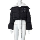 New Turn-down Collar Jacket Women Letter Embroidery Flare Long Sleeve Short Down Coat Drawstring Leisure White