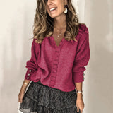 2025 New Lace V-Necked Jacket Sweater Lady Loose Long-Sleeved Solid-Colored