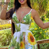 Women Elegant Spaghetti Straps Deep V Neck Floral Pattern Folds Maxi Party Sexy Vacation