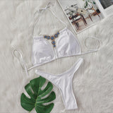 Zingj New Bikini Crystal Diamond Split Women's Swimsuit Plain Color Strap