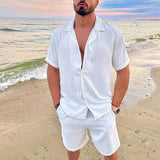 Men's Summer Casual Loose Two Piece Sets Beach Solid Cotton Linen Man Suit Short Sleeve Button Shirt And Shorts Office