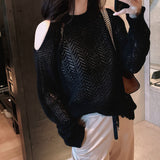 Autumn Solid Hollow Out Sexy Off Shoulder Sweaters Ladies Long Sleeve Loose Casual Knitting Pullover All-match Top