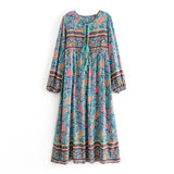 Queens Women Green Floral Print Tassel Beach Bohemian Maxi Dress Ladies Summer Rayon Cotton Boho Dresses