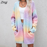 vintage cardigans winter new women's sweater 2022 new pockets rainbow tie-dye mid-length cardigan knitted sweater