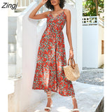 Floral Print Sexy Dress for Women Summer Dresses 2022 New Street V-Neck Backless Elasticated High Waist Midi Slip