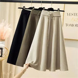 Knitted Midi Skirts Women High Waist Pleated A Line Skirt Korean Elegant Autumn Winter Lace Up Bandage Slim Casual