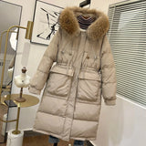 Winter Women's Long Puffer Jacket 2023 Big Real Raccoon Fur Hooded Duck Down Coat Female Rain Feather