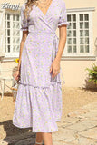 Print Women Summer Dress Chiffon Casual Elegant Split Short Sleeve V Neck Long Dress Boho Beach