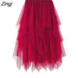 Tulle Skirt Women Elastic High Waist Mesh Midi Skirt Plus Size Elegant Design Pleated Tutu Skirt Female Jupe