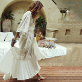 Queens Women Solid Short Sleeve Beach Loose Lace Bohemian Maxi Dress Ladies V-neck Boho Sundress