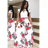 Summer New Elegant Women's Maxi Dress Bohmia Casual Flower Print Robe Fashion Hollow Out Ladies Short Sleeve Dress