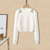 Fall Winter Knitwear Two Piece Sets For Women Outfits Ladies Elegant Diamond Sequined Knitted Sweater And Warm Pants