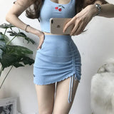 Y2K Black Mini Skirts Women Elastic High Waist Drawstring Slim A Line Skirt Sexy Club Korean Folds Knitted Bodycon