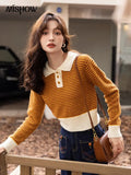 Striped Sweater Women 2022 Autumn Korean Polo Collar Pullover Long Sleeves Knitted Tops Color Contrast Clothes