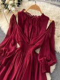 Vintage Purple/Green/Orange Women Draped Long Dress Elegant Ruffle Collar Hollow Out High Waist A-Line Vestidos