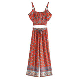 Queens Red Floral Print Two Piece Outfits Strapless Tops Bohemian Elastic Waist Pants 2 Pieces Rayon Cotton Boho