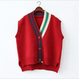 Female Fashion Loose Vest V-neck Button Sweater Open Stitch Casual Striped