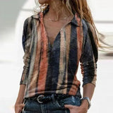 Women Long Sleeve V Neck Geometric Print Blouse Vintage Loose Polo Shirt Y2K Harajuku Oversize Tops Elegant Zip Sweatshirt