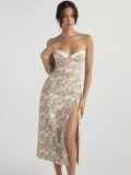 Elegant Print Flower Spaghetti Strap Midi Dress For Women Gown Summer New Sleeveless Backless High Split Dress