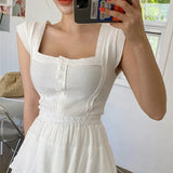 Button Sexy Tank Tops Women Square Collar Solid Knit Casual Basic Summer Ribbed Slim Ruffles Tops Women