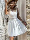 Women White Mini Dress Elegant Lace Dress Female V Neck Sleeveless Short Dress Ladies Hollow Out High Waist Dress