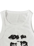 Funny Face Print Cropped Tank Top- Outfit